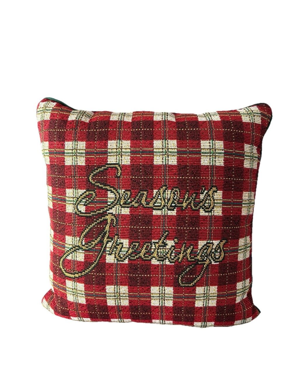 Vintage Seasons Greetings Tapestry Christmas Pillow Plaid Holiday Decor